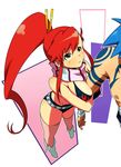  1girl bandages belt between_breasts blue_hair breasts couple hetero kamina long_hair ponytail red_hair sako scarf striped striped_scarf tattoo tengen_toppa_gurren_lagann thighhighs yoko_littner 