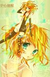  bad_id bad_pixiv_id blonde_hair blue_eyes disintegration dress dual_persona floating gloves hair_ornament hair_ribbon hall_jion highres kagamine_rin looking_back ribbon short_hair thighhighs vocaloid zettai_ryouiki 