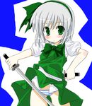  dual_wielding green_eyes green_hairband hairband holding katana kazami_ruku konpaku_youmu panties pantyshot ribbon silver_hair skirt solo striped striped_panties sword touhou underwear weapon 