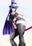  bare_shoulders blue_eyes breasts denim denim_shorts hand_on_hip highres impossible_clothes impossible_shirt large_breasts long_hair mitsurugi_meiya muvluv navel purple_hair shino_(comic_penguin_club) shirt shorts smile solo thighhighs unzipped 