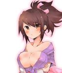  :t areolae bare_shoulders blush breast_hold breasts brown_eyes brown_hair cleavage fujibayashi_shiina hagino_kaede hair_ribbon huge_breasts japanese_clothes ribbon solo tales_of_(series) tales_of_symphonia white_background 