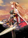  1girl armor bardiche black_bow black_gloves black_thighhighs blonde_hair bow breasts cape cloud commentary_request duplicate fate_testarossa from_side gloves hair_bow highres long_hair lyrical_nanoha mahou_shoujo_lyrical_nanoha_reflection mahou_shoujo_lyrical_nanoha_strikers medium_breasts multicolored_cape multicolored_clothes pixel-perfect_duplicate red_cape red_eyes sky solo sougetsu_izuki sweat thighhighs thighs white_cape wreckage zettai_ryouiki 