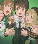  3girls beret blood blood_on_clothes blood_on_face breasts brown_hair chanosuke collar dress fangs frilled_collar frills green_background hat idolmaster idolmaster_cinderella_girls large_breasts looking_at_viewer moroboshi_kirari multiple_girls neck_ribbon oikawa_shizuku paw_pose pink_blood plaid plaid_dress ribbon sato_shin smile v-shaped_eyebrows 