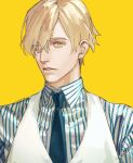  1boy aqua_necktie axis_powers_hetalia blonde_hair collared_shirt hair_over_one_eye highres luxembourg_(hetalia) male_focus necktie parted_lips shirt simple_background solo striped striped_shirt vest white_vest yellow_background yellow_eyes zhongerweiyuan 