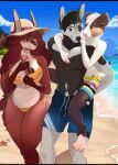  2022 angellsview3 anthro beach bikini bikini_bottom bikini_top biped black_body black_fur blue_eyes breasts brown_eyes canid canine canis carrying_partner caviid clothing dessert detailed_background digital_media_(artwork) domestic_dog female food fox fur group guinea_pig hair hi_res hybrid ice_cream long_hair male mammal multicolored_body multicolored_fur navel outside red_body red_fur red_hair rodent sea seaside smile sun_hat swimming_trunks swimwear tan_body tan_fur trio two_tone_body two_tone_fur water white_body white_fur wolf 