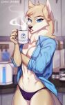  anthro beverage canid canine canis clothed clothing coffee digital_media_(artwork) female fur gekko-seishin hi_res interpol kitchen mammal morning panties shaded shirt simple_background solo topwear underwear wolf 