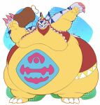  2022 animal_skin anthro bandai_namco belly big_belly claws clothed clothing cosplay digimon digimon_(species) digital_media_(artwork) food fur gabumon hi_res hood horn lizard male markings meat moobs morbidly_obese morbidly_obese_anthro morbidly_obese_male munch_(tribal_hunter) obese obese_anthro obese_male overweight overweight_anthro overweight_male red_eyes reptile scalie scarf shegnastar simple_background solo thick_thighs tribal_hunter video_games yellow_body 
