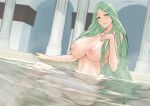  1girl bare_shoulders bath blush breasts closed_mouth commission completely_nude fire_emblem fire_emblem:_three_houses green_hair hand_on_own_chest large_breasts long_hair looking_at_viewer mature_female navel nipples nude oyatsu_0 partially_submerged pillar rhea_(fire_emblem) shaded_face sitting skeb_commission solo stomach water wet 