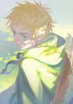 1boy aged_down arrow_(projectile) axis_powers_hetalia blonde_hair cape child dappled_sunlight day furrowed_brow green_cape green_eyes highres huacai looking_ahead male_child male_focus outdoors quiver short_hair solo sunlight thick_eyebrows united_kingdom_(hetalia) 