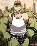  2022 absurd_res anthro artist_name barazoku baseball_cap biceps big_bulge big_muscles big_pecs blurred_background body_hair building bulge chest_hair city cityscape clothed clothing darknaigart dinosaur facial_hair fence front_view hat headgear headwear hi_res huge_muscles jace_(darknaig) looking_at_viewer male muscular muscular_anthro muscular_male nipples non-mammal_nipples outside park pecs plant reptile scalie shirt shrub skyscraper smile solo standing tank_top tattoo theropod thick_thighs topwear tyrannosaurid tyrannosaurus tyrannosaurus_rex underwear 