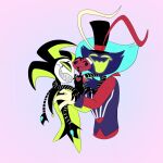  2021 asmodeus_(helluva_boss) clothed clothing demon digital_drawing_(artwork) digital_media_(artwork) dontbeazombie empty_eyes eyes_closed fizzarolli_(helluva_boss) group happy hat headgear headwear helluva_boss hi_res humanoid imp larger_male male mammon_(helluva_boss) open_mouth prosthetic red_body red_skin simple_background size_difference smaller_male teeth top_hat trio 