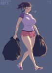  1girl bangs black_hair blush breasts closed_eyes covered_penis flaccid futanari high_ponytail large_breasts mole mole_under_eye original penis pink_shorts purple_shirt raglan_sleeves shirt short_shorts short_sleeves shorts sidelocks slippers testicles trash_bag walking whistling zheng 