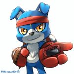  accessory anthro bandai_namco blue_body blue_fur boxing_gloves canid canine clothing digimon digimon_(species) digivice fur gaomon handwear headband hi_res looking_at_viewer male mammal simple_background smile solo watagashikn white_background yellow_eyes 