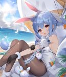  1girl :o absurdres aircraft airplane animal_ear_fluff animal_ears bangs beach beach_umbrella black_gloves black_leotard black_pantyhose blue_hair blush boat braid breasts bridal_garter bunny-shaped_pupils carrot carrot_hair_ornament carrot_in_pocket cloud commentary contrail detached_sleeves don-chan_(usada_pekora) extra_ears food-themed_hair_ornament fur-trimmed_gloves fur_scarf fur_trim gloves hair_between_eyes hair_ornament highres hikimayu hololive horizon knees_up leotard leotard_under_clothes light_rays long_hair looking_at_viewer multicolored_hair nekopurin_(nyanko_prin) nousagi_(usada_pekora) ocean on_ground open_mouth orange_eyes outdoors pantyhose playboy_bunny puffy_detached_sleeves puffy_sleeves rabbit_ears rabbit_girl sailboat scarf short_eyebrows short_sleeves sitting sky small_breasts solo sparkle strapless strapless_coat strapless_leotard sun symbol-shaped_pupils thick_eyebrows twin_braids two-tone_hair umbrella usada_pekora virtual_youtuber watercraft white_footwear white_hair white_scarf white_sleeves 