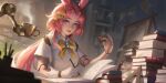  1girl animal_ears blue_eyes blurry blurry_background book book_stack cookie cup dark_duck doll_joints food gloves hair_ornament highres joints long_hair looking_at_viewer open_book original parted_lips pink_hair ponytail rabbit_ears short_sleeves single_glove solo teacup white_gloves 