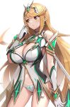  1girl absurdres bangs bare_shoulders blonde_hair breasts chest_jewel cleavage cleavage_cutout clothing_cutout dress earrings gonzarez highres jewelry large_breasts long_hair mythra_(xenoblade) mythra_(xenoblade)_(prototype) prototype short_dress solo swept_bangs tiara very_long_hair white_dress xenoblade_chronicles_(series) xenoblade_chronicles_2 yellow_eyes 