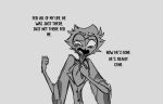  anthro avian bird black_text bodily_fluids canid canine canis crying dialogue formal_clothing formal_wear frown hair helluva_boss hi_res looking_at_viewer male mammal owl owl_demon short_hair simple_background solo standing stolas_(helluva_boss) tears teathekook text wolf 