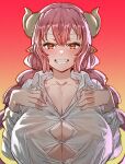  1girl bow_(bhp) breasts cleavage collarbone collared_shirt dragon_horns gradient gradient_background grin horns huge_breasts ilulu_(maidragon) kobayashi-san_chi_no_maidragon long_hair long_sleeves looking_at_viewer pink_hair pointy_ears red_background red_eyes shirt smile solo upper_body white_shirt yellow_background 
