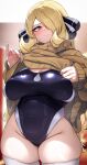  1girl blonde_hair blurry blurry_background blush breasts closed_mouth clothes_lift commentary competition_swimsuit covered_navel covered_nipples cynthia_(pokemon) feet_out_of_frame grey_eyes groin hair_ornament hair_over_one_eye highleg highleg_swimsuit highres impossible_clothes impossible_swimsuit kashu_(hizake) large_breasts lifted_by_self long_hair long_sleeves one-piece_swimsuit pokemon pokemon_(game) pokemon_dppt skindentation sleeves_past_wrists solo sweat sweater sweater_lift swimsuit symbol-only_commentary thick_thighs thighhighs thighs turtleneck turtleneck_sweater very_long_hair wide_hips 