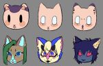  2_horns anthro bangs bells_(dreamscreep) black_eyes black_horn black_nose black_teeth black_tongue blep blonde_hair blue_body blue_eyes blue_fur blue_hair blush brown_body brown_fur circle_eyebrows domestic_cat dot_eyes dreamscreep ear_piercing edel_(dreamscreep) eye_markings eyebrows eyelashes facial_markings facial_piercing facial_tuft fan_character fangs felid feline felis fur glimmer_(dreamscreep) green_hair group hair head_markings heterochromia hi_res horn hybrid inner_ear_fluff mammal markings mika_(dreamscreep) muzzle_(marking) piercing pink_body pink_eyes pink_fur pink_tongue pupils purple_body purple_fur red_tongue slit_pupils snout snout_markings tan_body tan_fur tongue tongue_out tuft white_eyes yellow_body yellow_fur yellow_sclera 