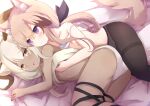  2girls animal_ear_fluff animal_ears arknights beeswax_(arknights) black_pantyhose blush breast_grab brown_hair cardigan_(arknights) clothes_lift dark-skinned_female dark_skin dog_ears dog_girl dog_tail flat_chest goat_ears goat_girl goat_horns grabbing grabbing_from_behind highres horns long_hair looking_at_viewer lying multicolored_hair multiple_girls nipples nyxerebos on_bed on_side open_mouth panties pantyhose purple_eyes shirt_lift smile split_mouth streaked_hair tail thighband_pantyhose underwear white_panties yellow_eyes yuri 
