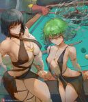  1boy 2girls ball bangs bare_shoulders billiard_ball billiards black_dress black_hair bracelet breasts cape cleavage collarbone covered_nipples criss-cross_halter crossed_legs cue_stick cutesexyrobutts dress duplicate feather_boa flipped_hair fubuki_(one-punch_man) gloves gold_necklace green_eyes green_hair halterneck height_difference highres impossible_clothes impossible_dress jewelry jumpsuit large_breasts looking_at_viewer medium_hair multiple_girls navel necklace no_bra one-punch_man pixel-perfect_duplicate plunging_neckline red_gloves revealing_clothes saitama_(one-punch_man) short_hair siblings sisters small_breasts tatsumaki telekinesis thighs watermark web_address white_cape yellow_jumpsuit 