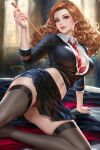  1girl black_shirt black_skirt black_thighhighs blonde_hair bra breasts cleavage harry_potter_(series) hermione_granger highres holding holding_wand indoors large_breasts long_hair looking_at_viewer necktie neoartcore on_floor panties pantyshot patreon_username red_bra red_eyes red_necktie red_panties shirt skirt solo thighhighs underwear wand yellow_necktie 