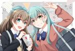  2girls aqua_hair black_jacket blazer blue_bow blue_bowtie blue_eyes bow bowtie brown_hair brown_sweater_vest cup disposable_cup drinking_straw green_hair hair_ornament hairclip holding holding_cup jacket kantai_collection kumano_(kancolle) long_hair multiple_girls official_alternate_costume open_mouth pink_sweater ponytail school_uniform shirt smile suzuya_(kancolle) sweater sweater_vest teramoto_kaoru v white_shirt 