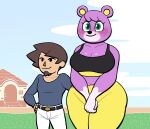  absurd_res animal_crossing anthro beady_eyes belt big_breasts black_clothing black_eyes black_topwear blue_background blue_clothing blue_shirt blue_topwear blush bottomwear breasts brown_hair building cleavage clothed clothing cloud dipstick_arms dipstick_limbs duo eyelashes facial_hair female freckles fur goatee grass green_eyes hair hand_on_hip head_tuft hi_res house human larger_female lovetopullmicke male mammal megan_(animal_crossing) navel nintendo pants plant purple_body purple_fur shirt simple_background size_difference sky smaller_male smile tan_body tan_skin thick_thighs topwear tuft ursid video_games villager_(animal_crossing) white_body white_bottomwear white_clothing white_fur white_pants wide_hips yellow_bottomwear yellow_clothing yellow_pants 
