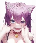  1girl :d animal_collar animal_ear_fluff animal_ears breasts cat_ears cat_girl cat_tail collar fangs finger_in_another&#039;s_mouth hand_on_another&#039;s_cheek hand_on_another&#039;s_face heterochromia long_hair luxiel medium_breasts mouth_pull open_mouth pov pov_hands purple_eyes purple_hair smile tail teeth 