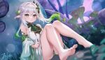  1girl :o armlet bangs bare_legs bare_shoulders barefoot blurry blurry_foreground blush braid commentary_request cross-shaped_pupils detached_sleeves dot_nose dress dutch_angle eric_(tianqijiang) feet floating_hair full_body genshin_impact gradient_hair green_eyes green_hair green_panties hair_ornament highres leaf_hair_ornament long_hair long_sleeves looking_at_viewer multicolored_hair nahida_(genshin_impact) panties plant pointy_ears side_ponytail sidelocks sitting solo thighs toes two-tone_hair underwear white_dress white_hair wide_sleeves 