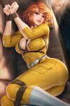  1girl april_o&#039;neil ass bdsm bondage bound breasts cleavage couch green_eyes highres indoors large_breasts looking_at_viewer lying neoartcore on_couch on_side open_mouth pants patreon_username red_hair shirt short_hair solo teenage_mutant_ninja_turtles yellow_pants yellow_shirt 