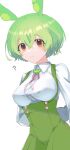  1girl ? alternate_breast_size arms_behind_back breasts buttons collared_shirt green_hair green_suspenders hair_between_eyes highres large_breasts looking_at_viewer orange_eyes overalls shirt solo suspenders takita_(takita040) voicevox white_shirt zundamon 