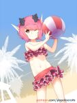  1girl ball beachball bikini closed_mouth commentary_request frilled_bikini frills highres navel one_eye_closed original palm_tree patreon_username pointy_ears popolocroits red_bikini red_hair short_hair smile solo spanish_commentary stomach swimsuit tree 