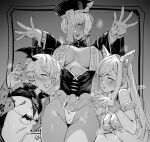  3girls :q alisaie_leveilleur animal_ears arm_warmers arms_on_knees bangs bikini blush breasts cat_ears cat_tail chest_cutout cloak club3 demon_wings facial_mark fake_animal_ears final_fantasy final_fantasy_xiv fingernails fur_bikini greyscale half-closed_eyes halloween halloween_costume hat head_wings jiangshi_costume large_breasts leaning_forward licking_lips long_hair long_sleeves looking_at_viewer medium_breasts monochrome multiple_girls no_pants ofuda pointy_ears qing_guanmao sharp_fingernails sharp_teeth short_hair small_breasts standing string_bikini sweat swimsuit tail teeth tongue tongue_out wings y&#039;shtola_rhul 