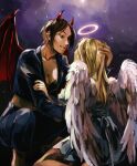  2girls angel angel_wings bangs blonde_hair blue_jacket blue_pants breasts brown_eyes brown_hair christa_renz cleavage demon_girl demon_horns demon_wings dress feathered_wings feet_out_of_frame freckles halo hand_on_another&#039;s_arm hand_on_another&#039;s_head highres horns jacket kneeling long_hair looking_at_another medium_breasts multiple_girls pants parted_bangs parted_lips pxldrp red_horns shingeki_no_kyojin short_hair smile squatting white_dress white_wings wings ymir_(shingeki_no_kyojin) yuri 