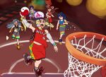  5girls adapted_costume bangs basketball_court basketball_hoop basketball_jersey basketball_uniform black_cape black_shorts blonde_hair blue_hair blue_headwear blue_tank_top bow brown_hair cape commentary cosplay detached_sleeves english_commentary frilled_bow frills full_body grey_hair hair_bow hair_tubes hakurei_reimu hat headband himemushi_momoyo holding holding_pickaxe holding_shovel iizunamaru_megumu indoors lebron_james lebron_james_(cosplay) long_hair looking_at_another magatama mercuriika miami_heat midriff multicolored_clothes multicolored_hair multicolored_tank_top multiple_girls national_basketball_association navel open_mouth photo-referenced pickaxe purple_hair purple_headband rainbow_gradient red_bow red_eyes red_shorts red_tank_top running shoes short_hair shorts shovel sky_print slam_dunk_(basketball) sneakers sportswear tamatsukuri_misumaru tank_top tenkyuu_chimata tokin_hat touhou two-tone_hair white_sleeves yellow_footwear yin_yang 