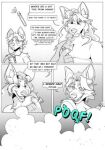  anthro brownh0und canid canine canis comic coyote dialogue dialogue_box duo female gender_transformation low_res male male/female mammal monochrome potion transformation wolf 