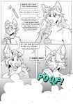  anthro brownh0und canid canine canis comic coyote dialogue dialogue_box duo female gender_transformation hi_res male male/female mammal monochrome potion transformation wolf 