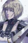  1girl armor blonde_hair blue_eyes bodysuit cape clare_(claymore) claymore claymore_(sword) collarbone copyright_name highres jhony_caballero lips pauldrons petals short_hair shoulder_armor solo upper_body white_background white_cape wind wind_lift 