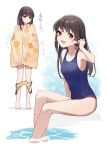  1girl adjusting_hair black_hair blue_one-piece_swimsuit dressing feet_out_of_frame hayashio_(kancolle) kantai_collection long_hair looking_at_viewer mole mole_under_eye multiple_views red_eyes school_swimsuit simple_background smile smock soaking_feet standing swimsuit white_background yamashichi_(mtseven) 