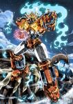  absurdres clenched_hand cloud fighting_stance garimpeiro glowing glowing_eyes godannar green_eyes highres kaijuu mecha night night_sky no_humans open_hand robot science_fiction shinkon_gattai_godannar!! sky solo_focus star_(sky) starry_sky super_robot 