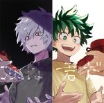  2boys 2others :d aged_down bangs black_background boku_no_hero_academia contrast foreground_text freckles giving green_eyes green_hair grey_hair hair_between_eyes happy holding holding_shoes kanji looking_at_object male_child male_focus matsuya_(pile) messy_hair midoriya_izuku mole mole_under_mouth multiple_boys multiple_others open_mouth out_of_frame parted_lips red_footwear red_hair scar scar_on_face scar_on_mouth shade shigaraki_tomura shirt shoes short_hair smile sneakers split_screen teeth text_focus twitter_username upper_body white_background yellow_shirt 