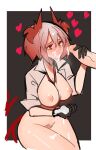  1girl after_fellatio animal_ears arknights between_breasts bird_ears black_background black_gloves breasts cowboy_shot cum cum_in_mouth cum_on_hands cum_on_legs distr facial fiammetta_(arknights) gloves groin hair_between_eyes handjob highres large_breasts necktie necktie_between_breasts nipples open_clothes open_shirt outside_border red_eyes red_hair red_necktie short_hair simple_background sketch solo_focus uncensored 