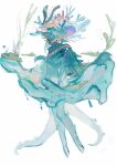  1other animal blue_cape blue_skin cape colored_skin coral extra_arms fish floating full_body hand_up high_collar highres kusariuta original simple_background solo tentacles twitter_username water white_background 