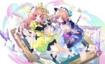  2girls atelier_(series) atelier_lydie_&amp;_suelle blush bow bowtie breasts bug butterfly carelier11 cleavage flower gloves gun hairband highres holding holding_gun holding_weapon long_hair looking_at_viewer lydie_marlen multiple_girls open_mouth pink_eyes pink_hair short_hair siblings side_ponytail sisters skirt small_breasts smile staff suelle_marlen thighhighs twins weapon yellow_bow 