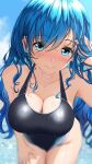  1girl aigami_shion black_one-piece_swimsuit blue_eyes blue_hair blurry blush breasts commentary_request competition_swimsuit cowboy_shot depth_of_field garter-velvet highres large_breasts leaning_forward long_hair looking_at_viewer one-piece_swimsuit original solo swimsuit wet wet_clothes wet_swimsuit 