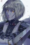  1girl armor blonde_hair bodysuit cape clare_(claymore) claymore claymore_(sword) collarbone copyright_name dirty dirty_face highres jhony_caballero lips pauldrons petals short_hair shoulder_armor slit_pupils solo upper_body white_background white_cape wind wind_lift yellow_eyes 