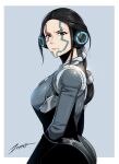  1girl arms_at_sides artist_name black_eyes black_hair bodysuit breasts facial_mark from_side frown hair_ornament long_hair looking_at_viewer ponytail sideboob signature simple_background solo turning_head vala_glarios warframe zxpfer 