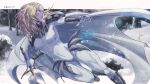  1girl armor armored_boots blonde_hair bodysuit boots border breasts cape claymore claymore_(sword) english_commentary gloves grey_eyes highres jhony_caballero letterboxed long_hair medium_breasts miria_(claymore) outside_border pauldrons shoulder_armor snow solo thighs white_bodysuit white_border white_cape white_gloves winter 